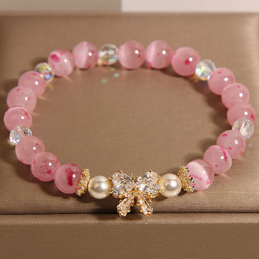 Buddhist Blessing Cherry Blossom Pink Cat's Eye Pearl Bow-knot Rosette Support Bracelet