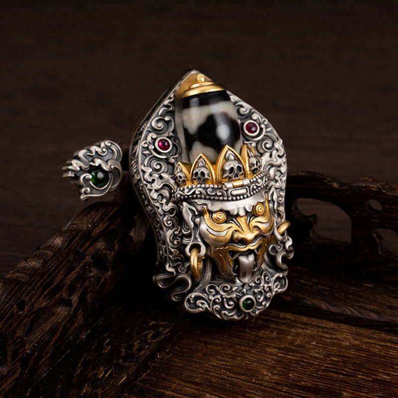 Buddhist Blessing 925 Sterling Silver Tibetan Zakiram Goddess of Wealth Dzi Bead Protection Necklace Pendant