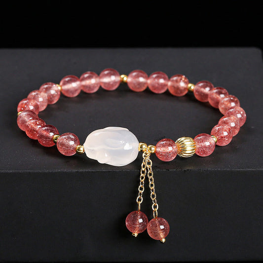 Buddhist Blessing Natural Strawberry Quartz Agate Rabbit Healing Bracelet