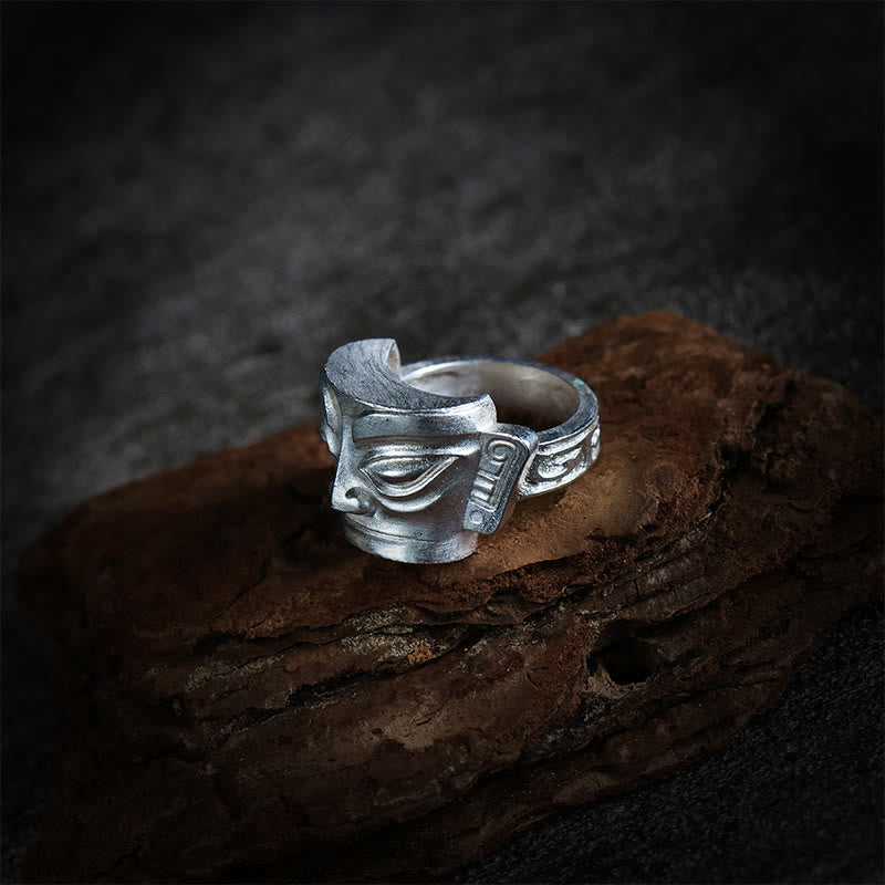 Buddhist Blessing 999 Sterling Silver Hand Casting Sanxingdui Mask Protection Ring