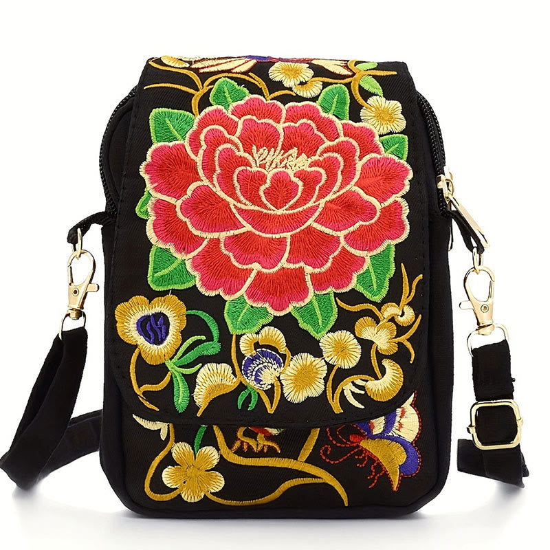 Buddhist Blessing Inula Flower Peony Embroidery Canvas Shopping Purse Handbag Crossbody Bag