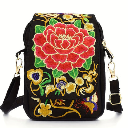 Buddhist Blessing Inula Flower Peony Embroidery Canvas Shopping Purse Handbag Crossbody Bag