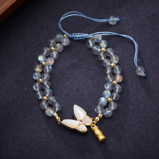 Buddhist Blessing Natural Moonstone Butterfly Bamboo Healing String Bracelet