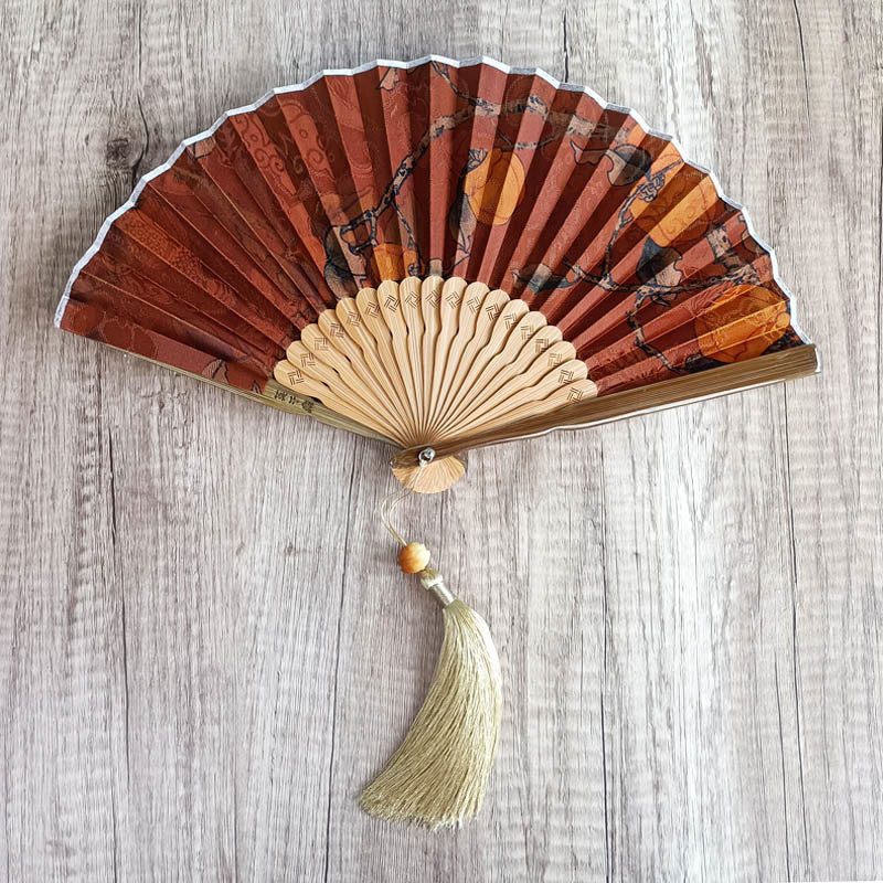 Buddhist Blessing Flower Persimmon Bamboo Leaves Xiangyunsha Silk Handheld Bamboo Folding Fan