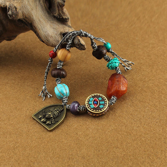 Buddhist Blessing Tibetan Buddha's Eye Turquoise Lotus Zakiram Protection Rope Bracelet