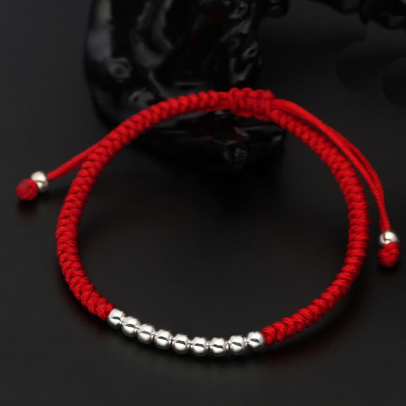 Buddhist Blessing Retro 925 Sterling Silver Simple Beads Knot Design Luck String Bracelet