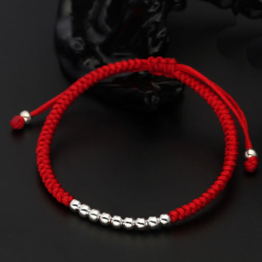 Buddhist Blessing Retro 925 Sterling Silver Simple Beads Knot Design Luck String Bracelet