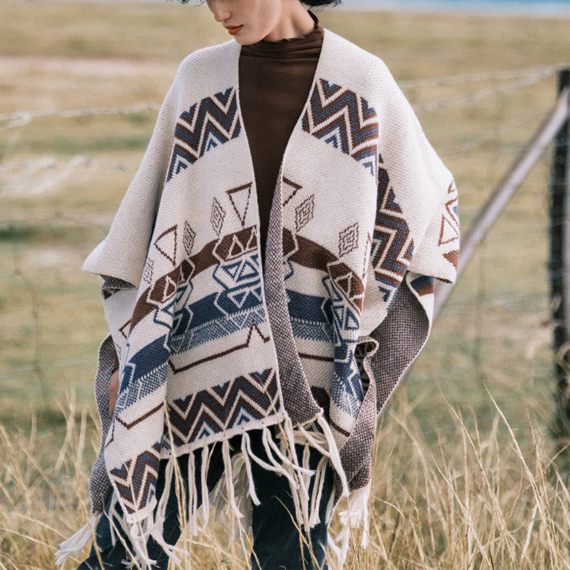 Buddhist BlessingTibetan Wave Stripe Geometry Tassels Shawl Fall Winter Cozy Scarf Wrap