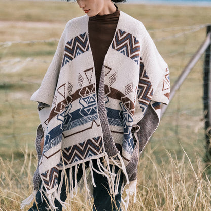 Buddhist BlessingTibetan Wave Stripe Geometry Tassels Shawl Fall Winter Cozy Scarf Wrap