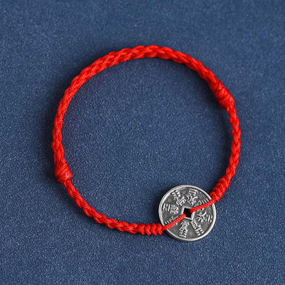 Buddhist Blessing 925 Sterling Silver Coin Protection Braided Bracelet Anklet