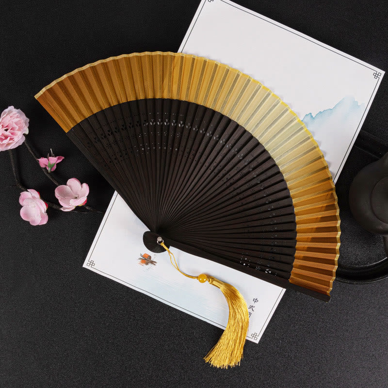 Buddhist Blessing Cranes Auspicious Clouds Solid Color Gradient Handheld Cotton Linen Fabric Bamboo Folding Fan