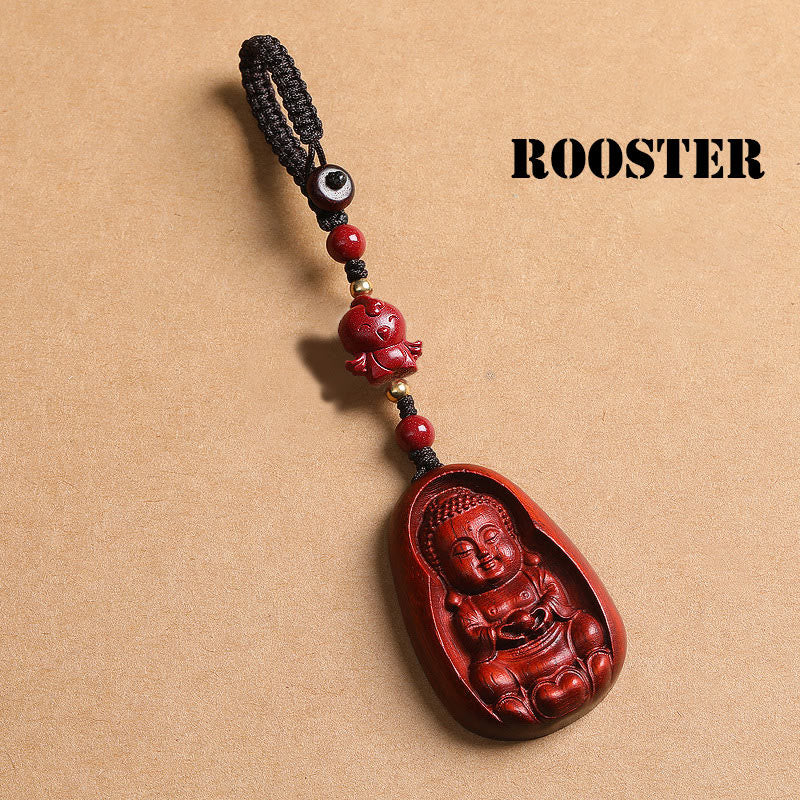 Buddhist Blessing Small Leaf Red Sandalwood Buddha Cinnabar Chinese Zodiac Amulet Protection Key Chain