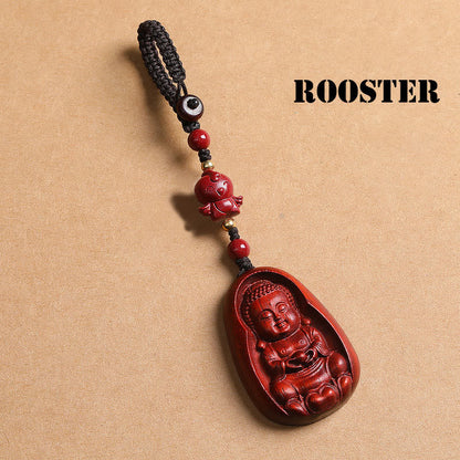 Buddhist Blessing Small Leaf Red Sandalwood Buddha Cinnabar Chinese Zodiac Amulet Protection Key Chain