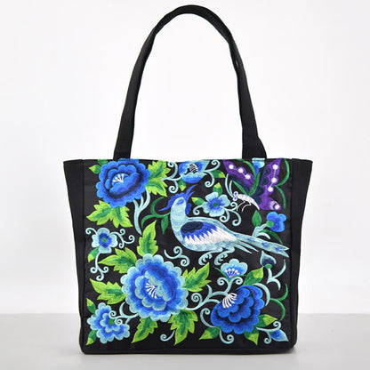 Buddhist Blessing Galsang Magpie Peony Camellia Chrysanthemum Embroidery Canvas Shopping Purse Handbag Shoulder Bag