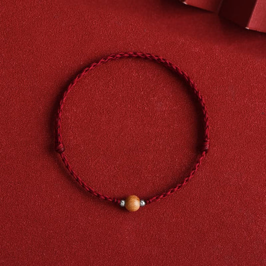 Buddhist Blessing Natural Peach Wood Bead Luck Braided Bracelet Anklet