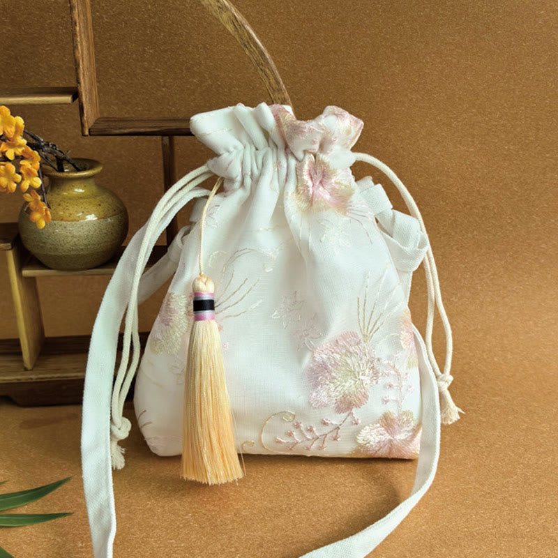 Buddhist Blessing Embroidered Flowers Cherry Blossoms Vine Canvas Crossbody Bag Shoulder Bag