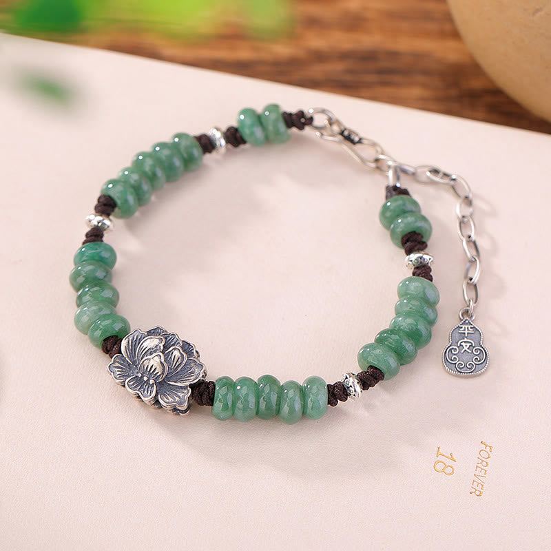 Buddhist Blessing 925 Sterling Silver Natural Jade Lotus Luck Peace And Joy Bracelet