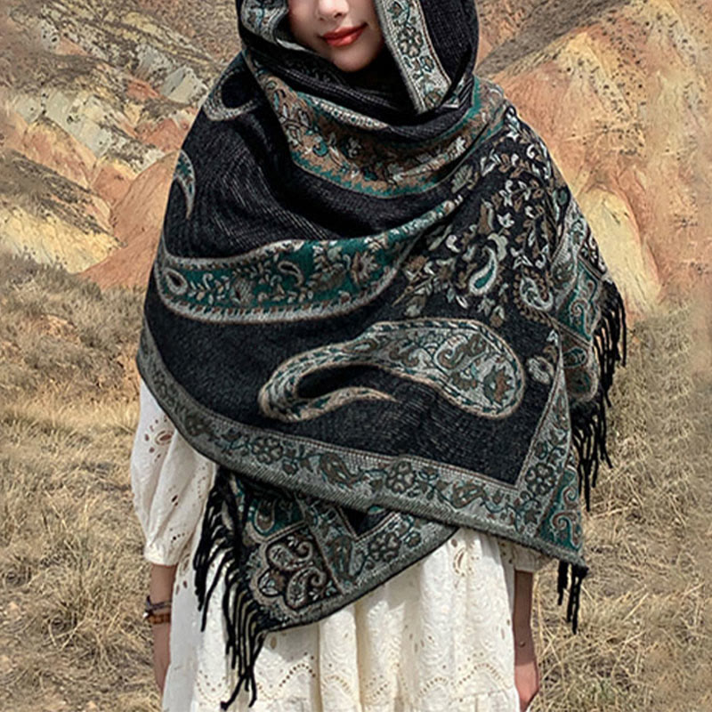 Buddhist Blessing Tibetan Cashew Flower Tassel Shawl Fall Winter Cozy Travel Scarf Wrap