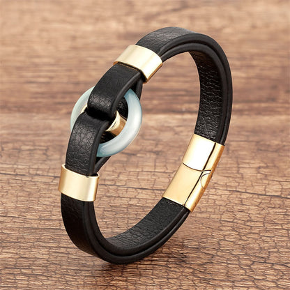 Buddhist Blessing Round Green Aventurine Black Onyx Hematite Agate Rose Quartz Stone Balance Leather Magnetic Buckle Bracelet