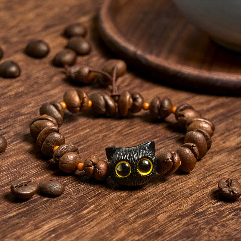 Buddhist Blessing Handmade Natural Coffee Beans Cat Head Bodhi Seed Claw Paw Peace Bracelet