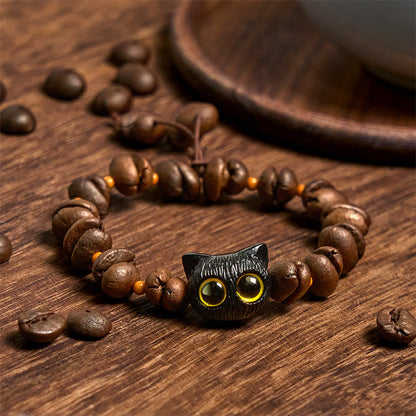 Buddhist Blessing Handmade Natural Coffee Beans Cat Head Bodhi Seed Claw Paw Peace Bracelet