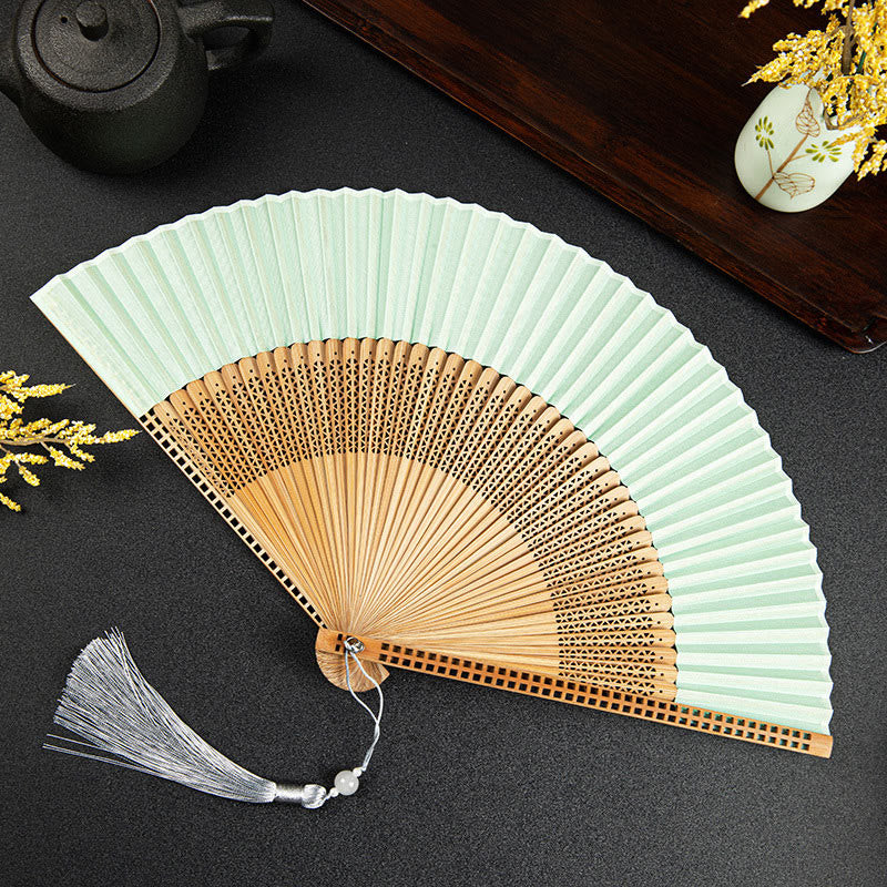 Buddhist Blessing Cranes Auspicious Clouds Solid Color Gradient Handheld Cotton Linen Fabric Bamboo Folding Fan