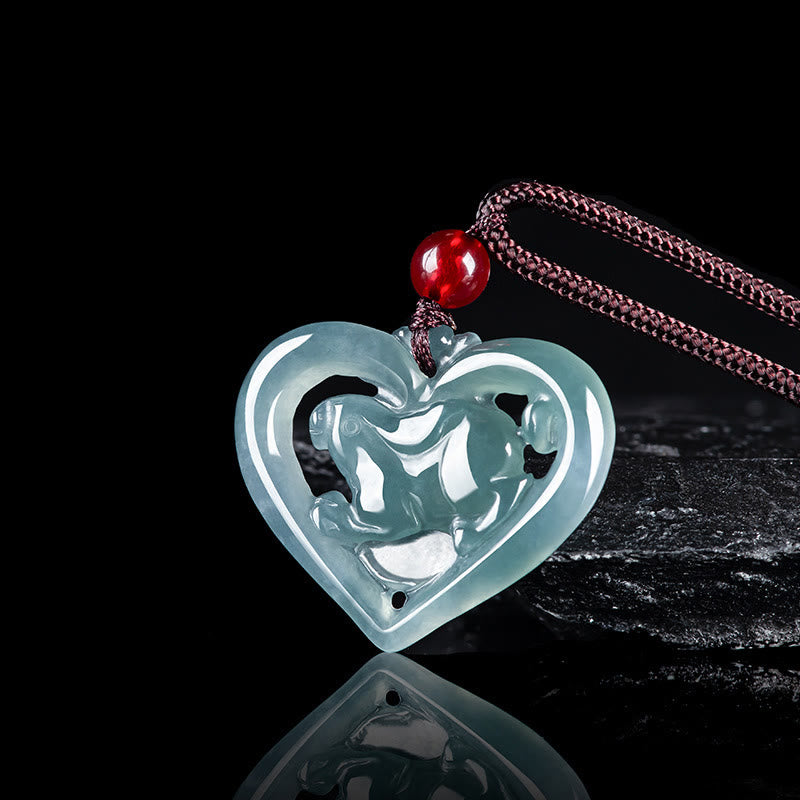 Buddhist Blessing Natural Jade Love Heart Rabbit Luck Necklace Pendant