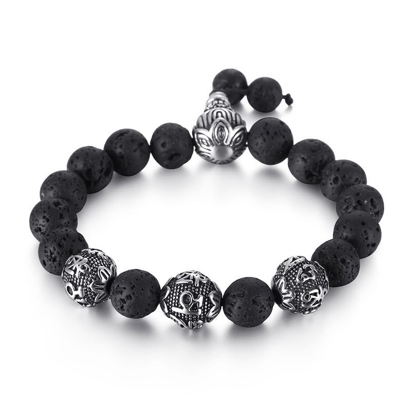 Buddhist Blessing Natural Tiger Eye Lava Rock Black Obsidian Titanium Steel Six-True-Words Om Mani Padme Hum Protection Bracelet