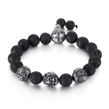 Buddhist Blessing Natural Tiger Eye Lava Rock Black Obsidian Titanium Steel Six-True-Words Om Mani Padme Hum Protection Bracelet