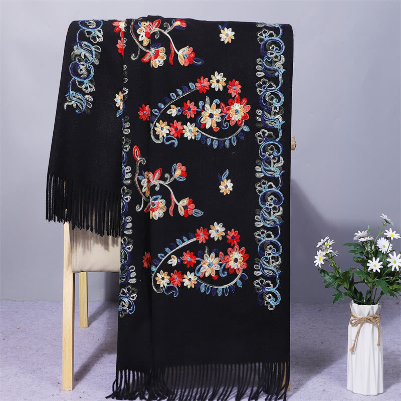Buddhist Blessing Polyester Shawl Colorful Flower Ethnic Style Embroidery Tassel Winter Cozy Travel Scarf Wrap