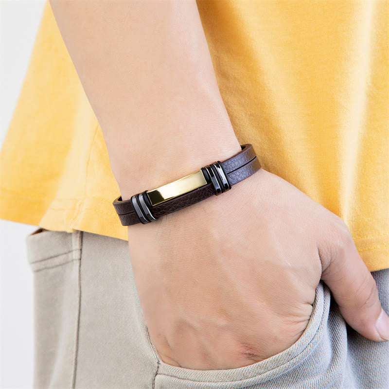 Buddhist Blessing Brown Leather Titanium Steel Buckle Balance Bracelet