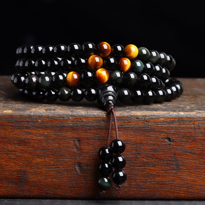 Buddhist Blessing 108 Mala Beads Black Obsidian lce Obsidian Fulfilment Bracelet