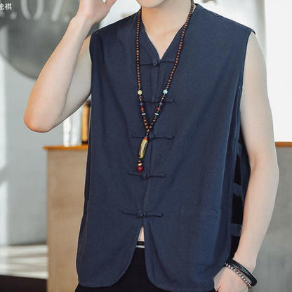 Buddhist Blessing Casual Chinese Frog-Button Men's Cotton Vest Waistcoat With Pockets