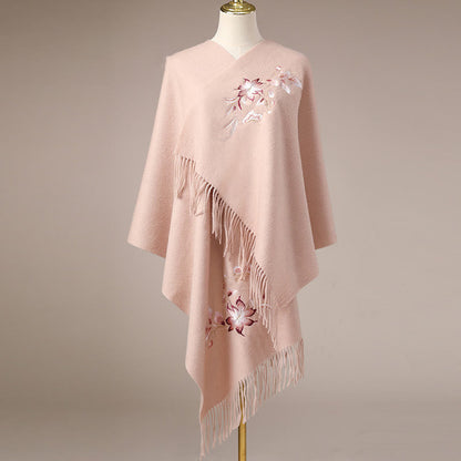 Buddhist Blessing Wool Shawl Pink White Flower Embroidery Tassel Winter Cozy Travel Scarf Wrap