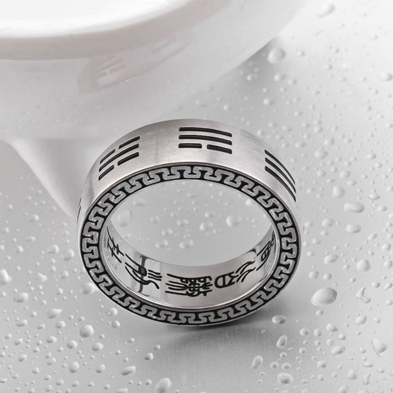 Buddhist Blessing Bagua Yin Yang Taoist Nine-Character Mantra Titanium Steel Harmony Ring
