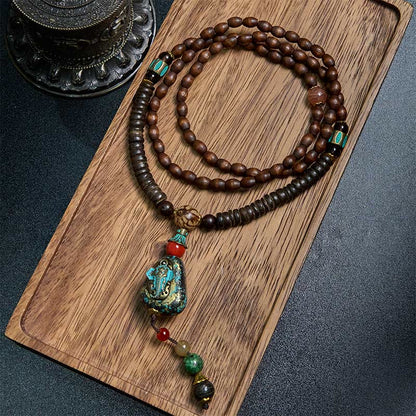 Buddhist Blessing Tibetan Handmade Wenge Wood Protection Dzi Bead Elephant Head Necklace Pendant