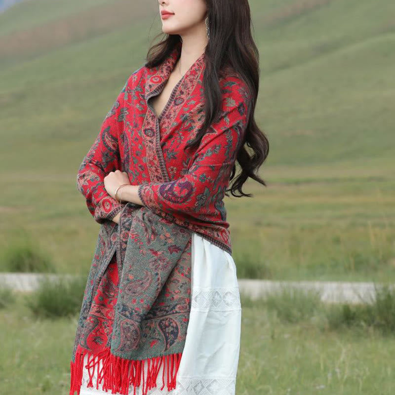 Buddhist Blessing Tibetan Cashew Flowers Leaves Vine Tassels Shawl Fall Winter Soft Cozy Scarf Wrap