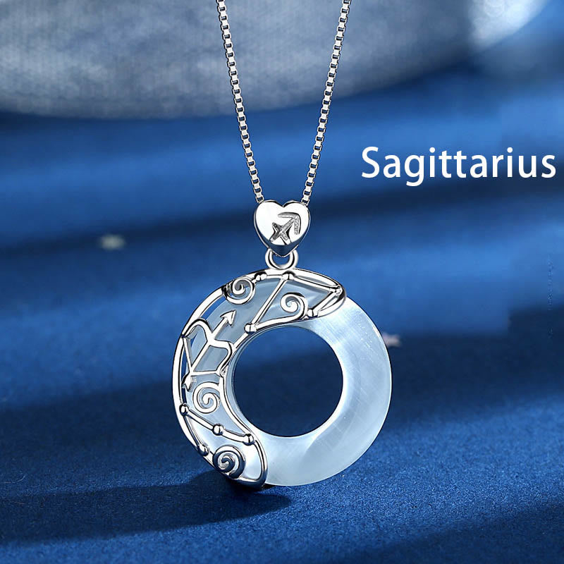 Buddhist Blessing 925 Sterling Silver 12 Constellations of the Zodiac Cat's Eye Love Support Necklace Pendant