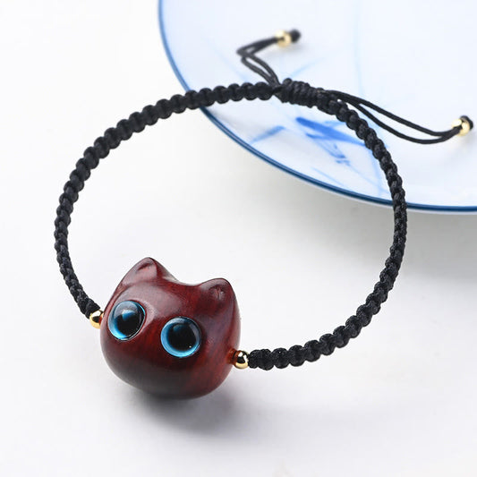 Buddhist Blessing Small Leaf Red Sandalwood Ebony Wood Cute Cat Head Calm Protection Braided Bracelet