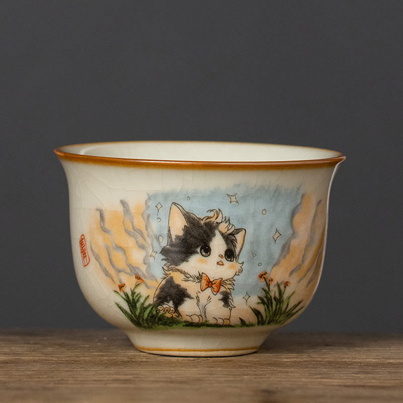 Buddhist Blessing Cute Bow Tie Cat Teacup Kung Fu Tea Cup
