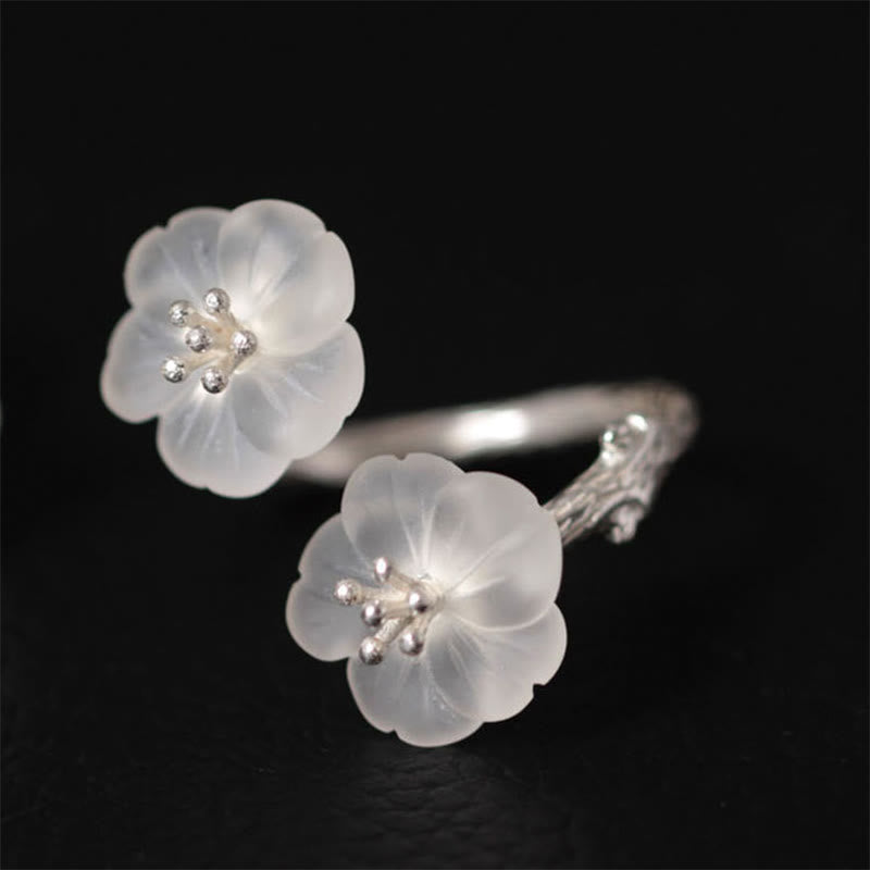 Buddhist Blessing 925 Sterling Silver White Crystal Double Plum Blossom Flower Adjustable Protection Ring