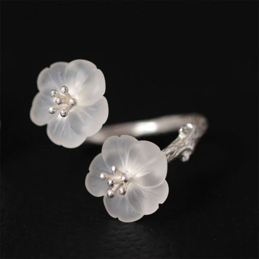 Buddhist Blessing 925 Sterling Silver White Crystal Double Plum Blossom Flower Adjustable Protection Ring