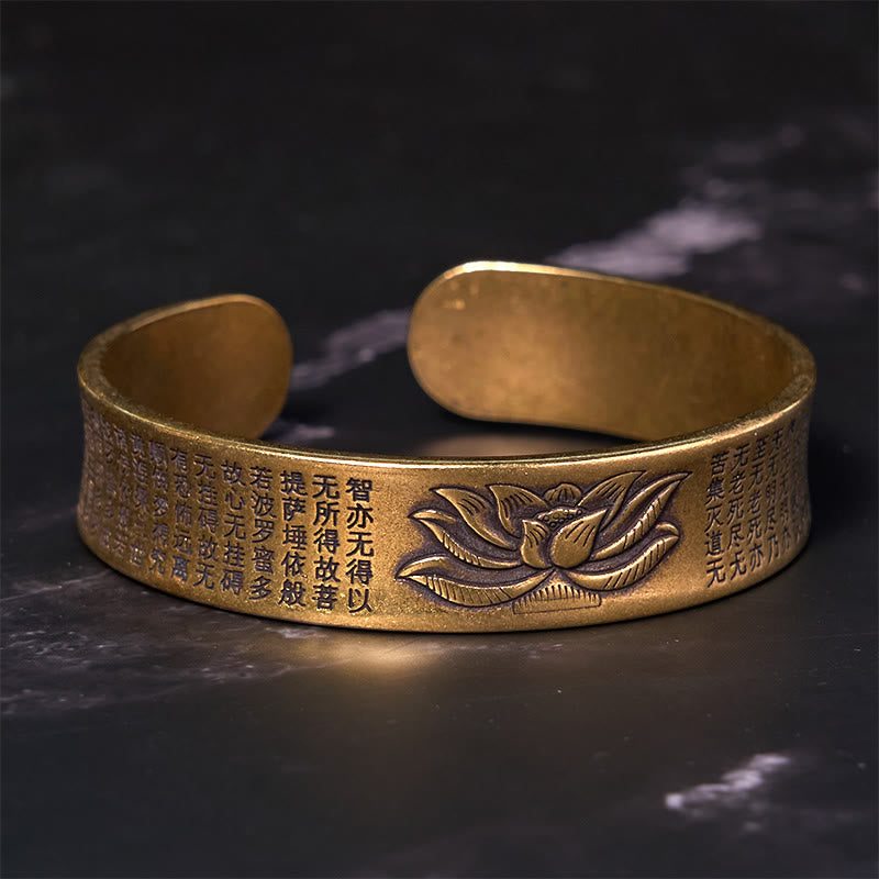 Buddhist Blessing Heart Sutra Lotus Flower Copper Brass Peace Cuff Bracelet Bangle