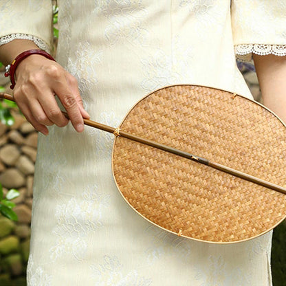 Buddhist Blessing Chinese Style Handmade Bamboo Woven Oval Round Banana Conical Shape Long Handle Fan