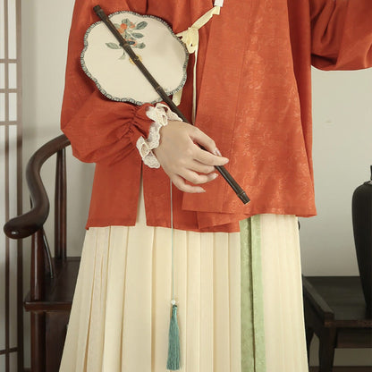 Buddhist Blessing Handmade Cherry Bamboo Leaf Grape Pattern Long Purple Bamboo Handle Portable Curlable Fan