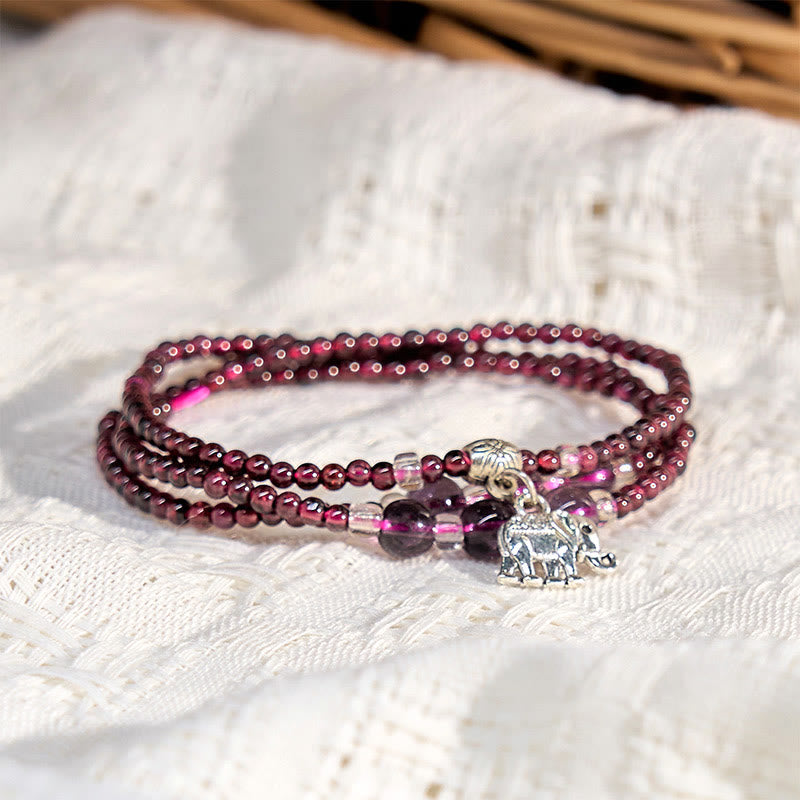 Buddhist Blessing Natural Garnet Elephant Abacus Lucky Bag PiXiu Protection Triple Wrap Bracelet