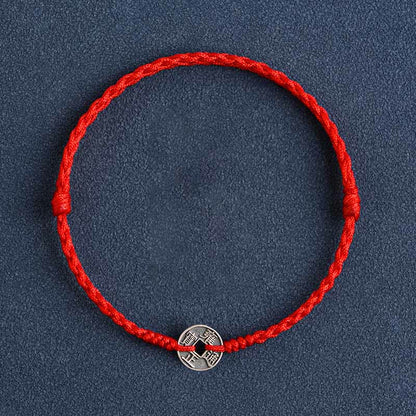 Buddhist Blessing 925 Sterling Silver Five Emperor Coins Red String Protection Luck Braided Bracelet Anklet