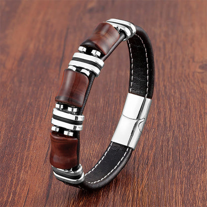 Buddhist Blessing Tiger Eye Three Bamboo Stone Protection Power Leather Bracelet