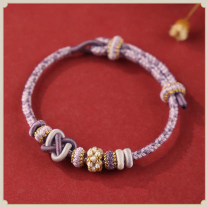 Buddhist Blessing Handcrafted Peach Blossom Peace Knot Colorful Rope Adjustable Bracelet