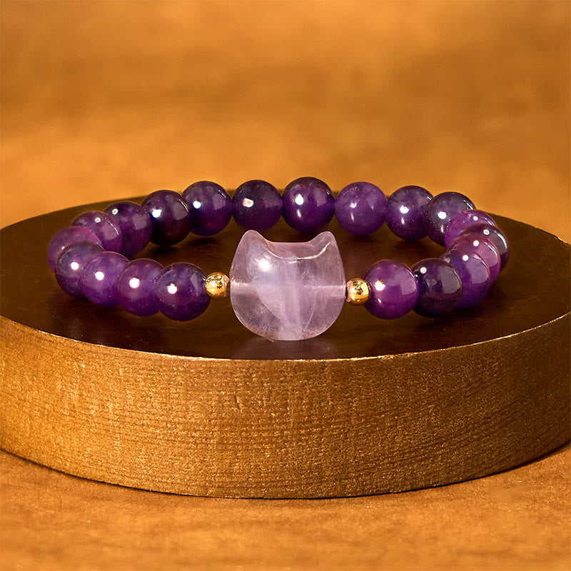 Buddhist Blessing Amethyst Green Aventurine Rose Quartz Fluorite Cat Head Balance Luck Bracelet